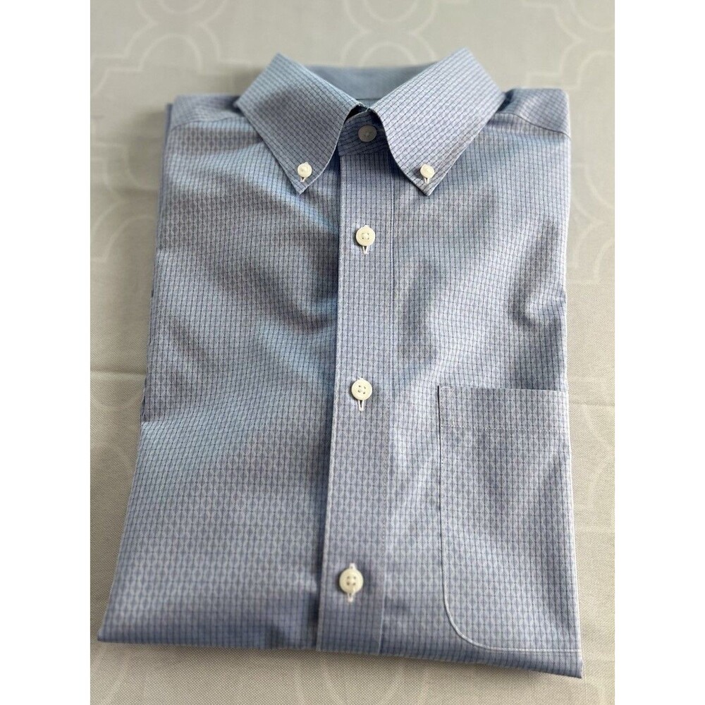 Roundtree & Yorke Gold Label Shirt Slim Fit No-Iron Blue Grid Dress Shirt Small
